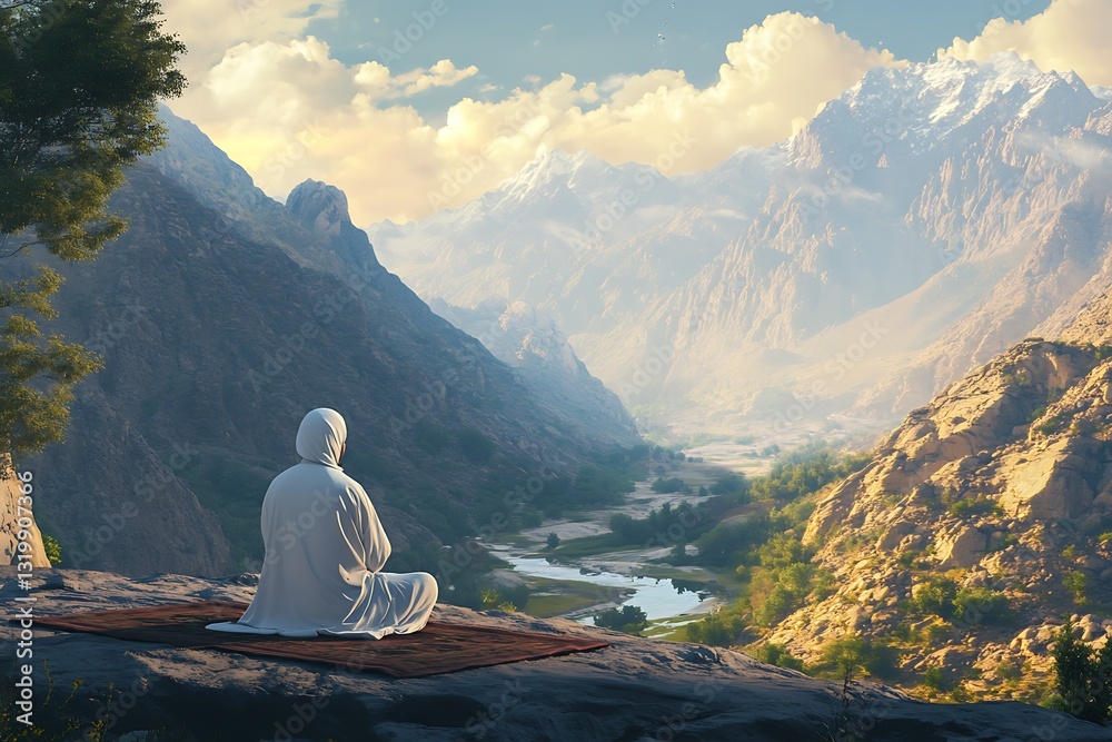 Fototapeta premium A serene figure meditates on a rocky ledge, overlooking a vast, tranquil valley and mountains.