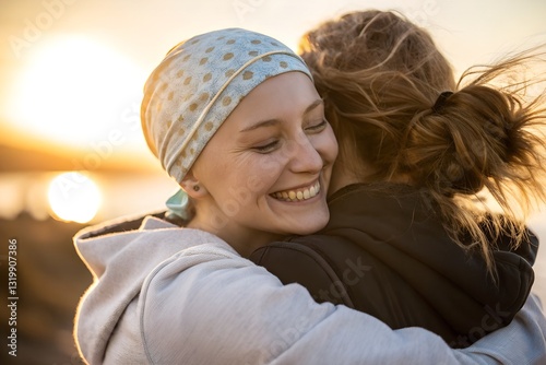 Hopeful Sunrise: Inspirational Cancer Survivor hugging her friend or family member