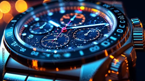 Wallpaper Mural Close-up of a luxury chronograph wristwatch with blue and orange lighting effects. Torontodigital.ca