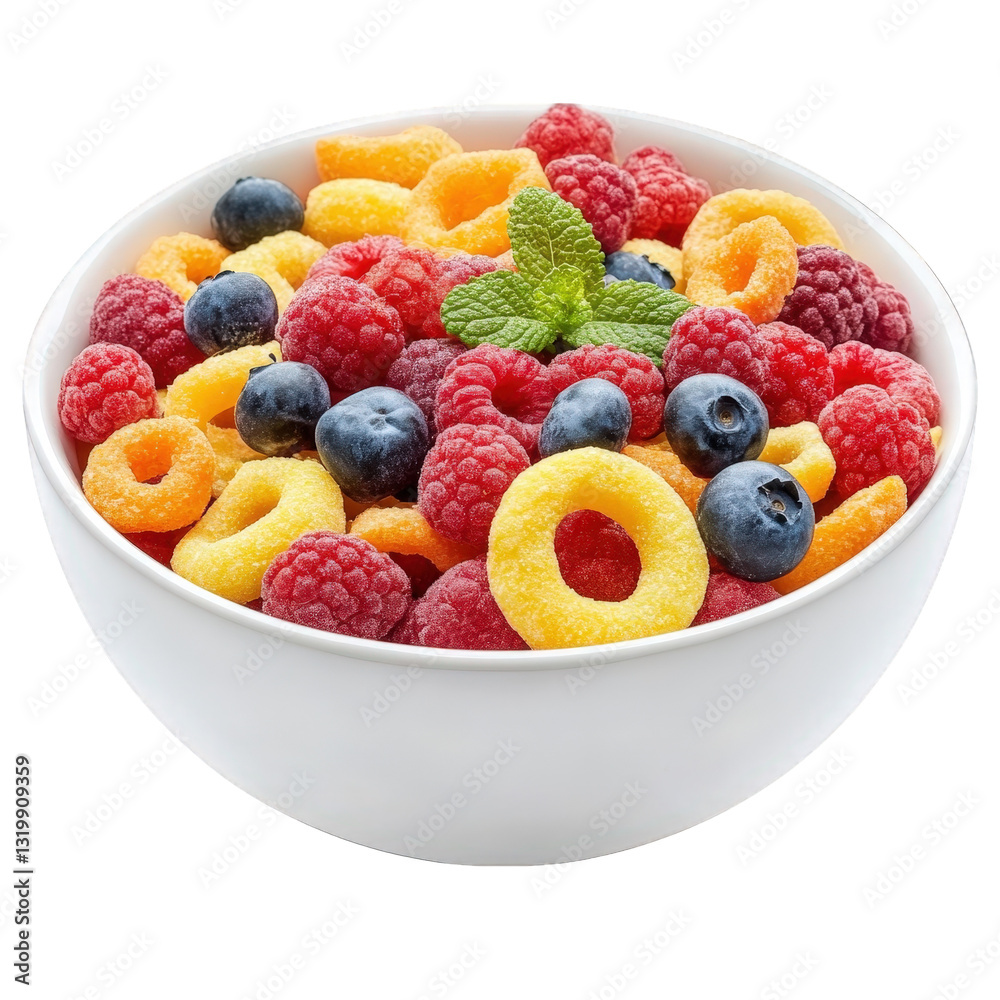 a vibrant bowl of mixed fruits and cereal featuring raspberries blueberries and colorful cereal rings garnished with a mint leaf ideal for a healthy breakfast or snack