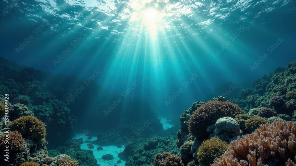 Obraz premium Underwater view of coral reef with turbulent waves above the surface 