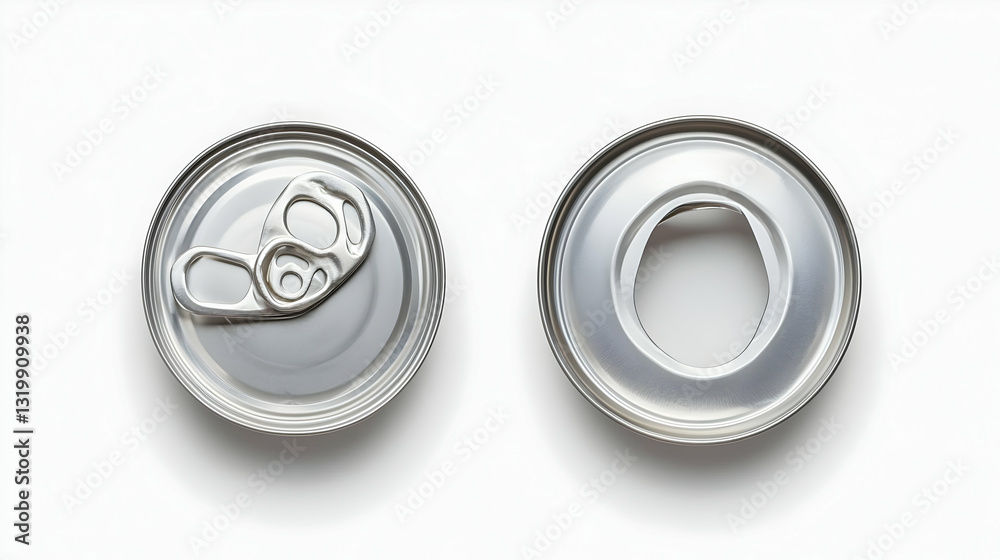 Two Silver Metal Can Lids One Open And One Closed On A White Background In A Studio Setting With Detailed Texture Two Silver Metal Can Lids One Open And One Closed On A White Background In A Studio Setting With Detailed Texture