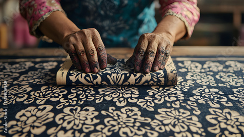 Wallpaper Mural Woman Hands Pressing Dye on Traditional Batik Fabric with Floral Pattern Design for Indonesian Textile Art Indigo Dyeing Craft and Creative Decoration Torontodigital.ca