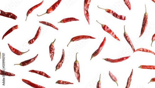 a scattering of dried red chili peppers on a white background highlighting their vibrant color and texture ideal for culinary use or food photography