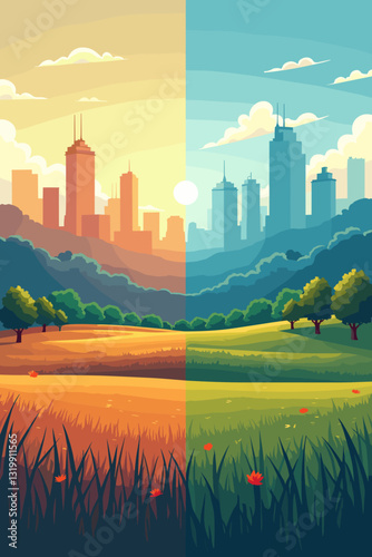 Contrast Between Urban Cityscape and Rural Countryside