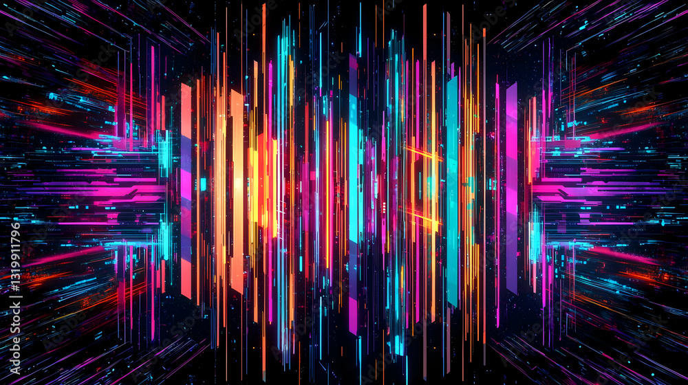 Abstract Digital Composition Featuring Bright Vertical Light Beams and Geometric Colorful Structures on Black Background Abstract Digital Composition Featuring Bright Vertical Light Beams and Geometric Colorful Structures on Black Background