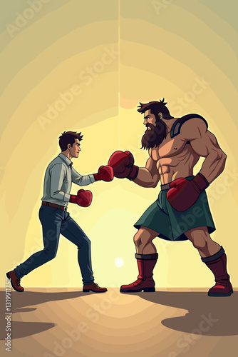 David vs. Goliath: Courageous Small Business Owner Confronting Corporate Giant in Symbolic Boxing Match Vector