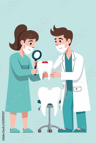 Dentist Examining Tooth Decay with Magnifying Glass: Dental Health Check