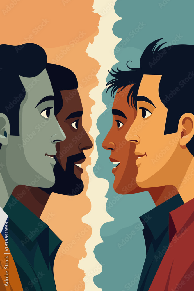 Diverse Men Separated by Broken Bridge Symbolizing Racial Divide and Social Inequality Diverse Men Separated by Broken Bridge Symbolizing Racial Divide and Social Inequality
