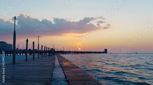 Sunset over Sea with Pier Silhouette Orange Sky and Golden Light Reflection on Water