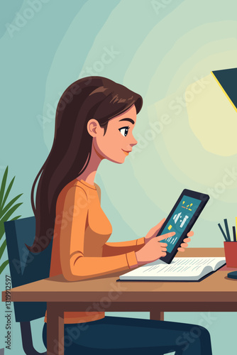 Focused Young Woman Using Tablet Computer Application to Solve Complex Problem at Desk