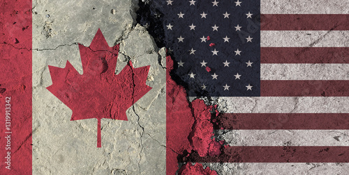 An illustration concept of trade tariffs between the United States and Canada. A divided U.S. flag and Canadian flag