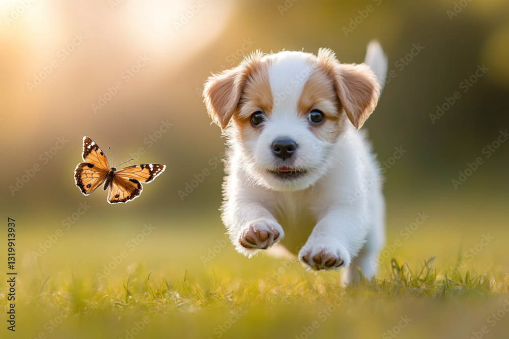 Cute puppy chasing a butterfly while trying to catch it, close-up Cute puppy chasing a butterfly while trying to catch it, close-up