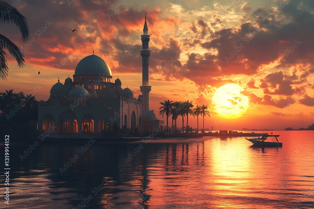 Fototapeta premium A serene sunset view of a mosque by the water, surrounded by palm trees.