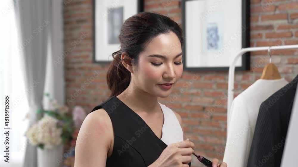 Woman influencer shoot live streaming vlog video review vivancy makeup social media or blog. Happy young girl with cosmetics studio lighting for marketing recording session broadcasting online. Woman influencer shoot live streaming vlog video review vivancy makeup social media or blog. Happy young girl with cosmetics studio lighting for marketing recording session broadcasting online.