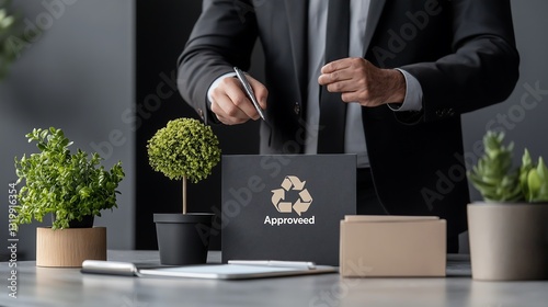 Eco-Conscious Businessman Marking Approved on Recycling Program Report