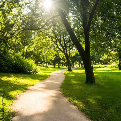 Sunlit pathway winding through a lush green park with flourishing trees and bright sunlight