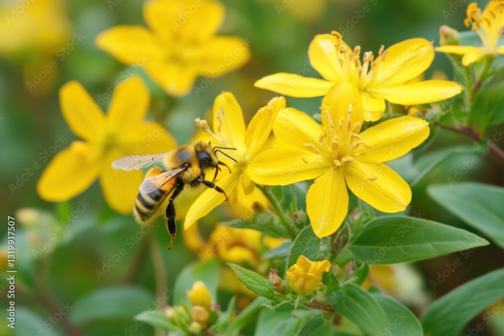Obraz premium A Bee Hovering Over St. John’s Wort Flowers In A Garden / bee on yellow flower