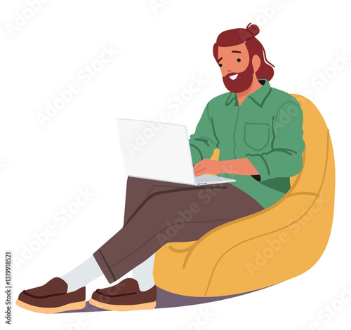 Hipster guy cartoon character with laptop sitting in soft bag studying or working on internet