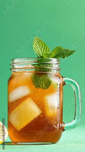 Refreshing iced tea with mint and lemon on a vibrant green background, perfect for summer