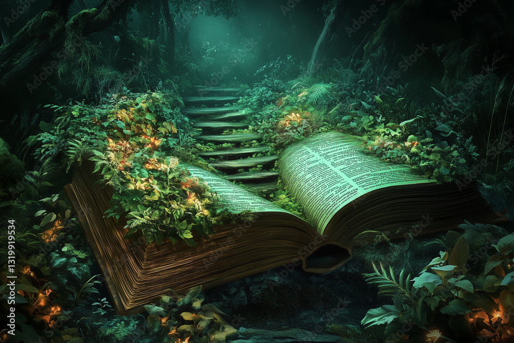 Fototapeta premium An open book leading to an adventure leading into a mysterious fantasy forest.