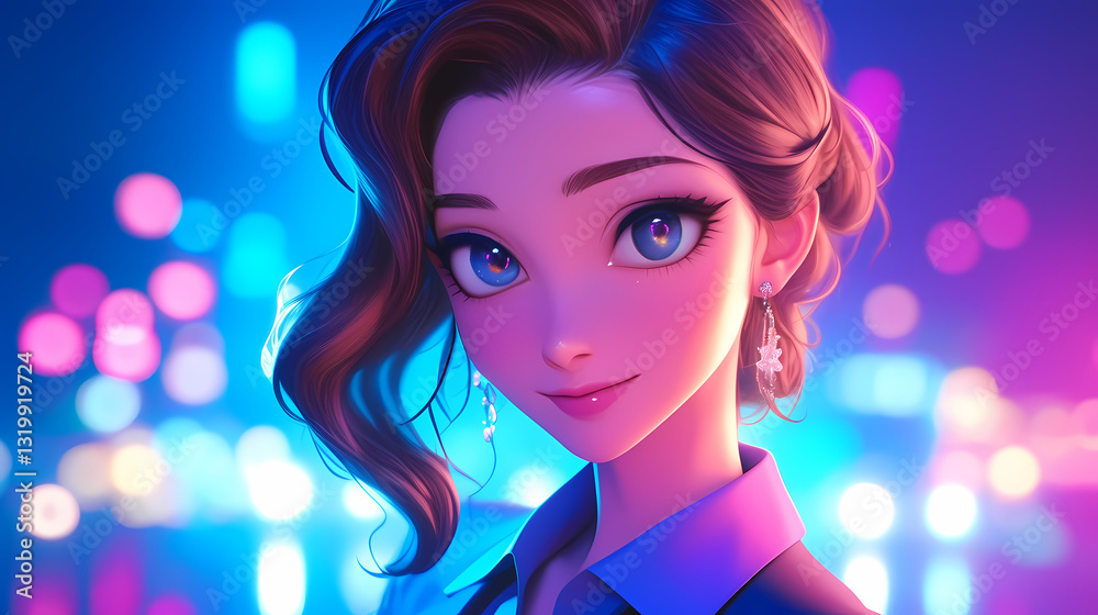 A captivating young woman with striking blue eyes and stylish attire stands against a vibrant city backdrop A captivating young woman with striking blue eyes and stylish attire stands against a vibrant city backdrop