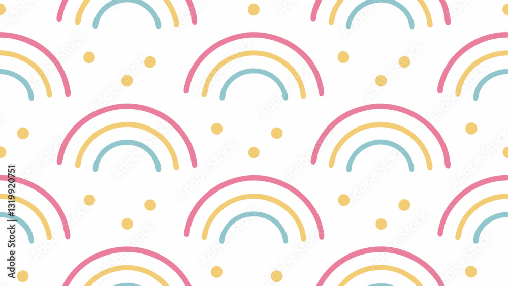a cute seamless pattern featuring colorful rainbows and yellow dots, vector illustration