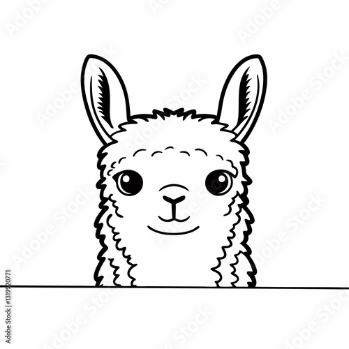 a cute llama peeking over a line. vector illustration features a smiling llama with big eyes and fluffy fur, looking friendly and approachable