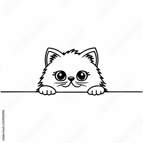 a cute cartoon cat peeking over a ledge with a curious and playful expression, vector illustration