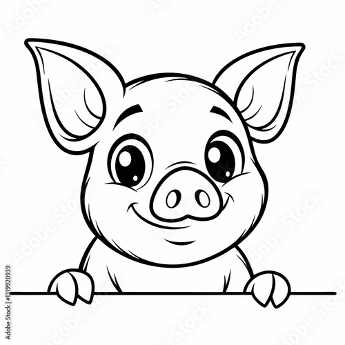 a cute cartoon pig smiling happily and peeking over a blank space, vector illustration