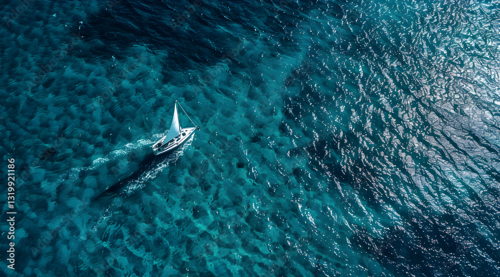 Obraz premium Aerial View of a White Boat Sailing on Turquoise Ocean Waters with Sparkling Sunlight Reflecting on the Surface Creates a Tropical Vacation Landscape