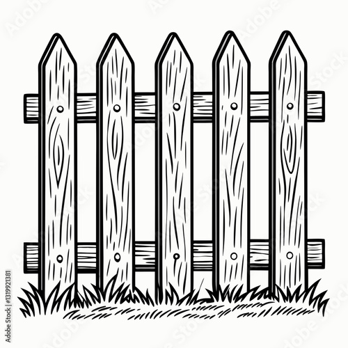 wooden fence with a row of grass, illustrating boundaries and rural life, vector illustration