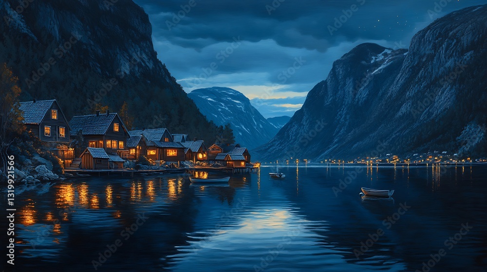 Fototapeta premium Serene night view of a lakeside village with illuminated houses and mountains in the background.
