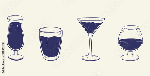 A set of vintage hand-drawn line icons of summer cocktails. Monochrome blue ink. Vector illustration.