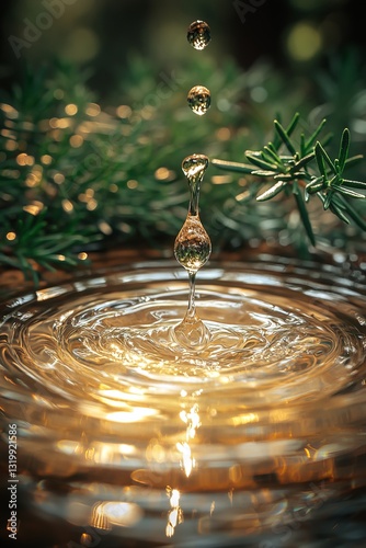 Close-up of a drop of rosemary water creating ripples in a serene, minimalistic setting