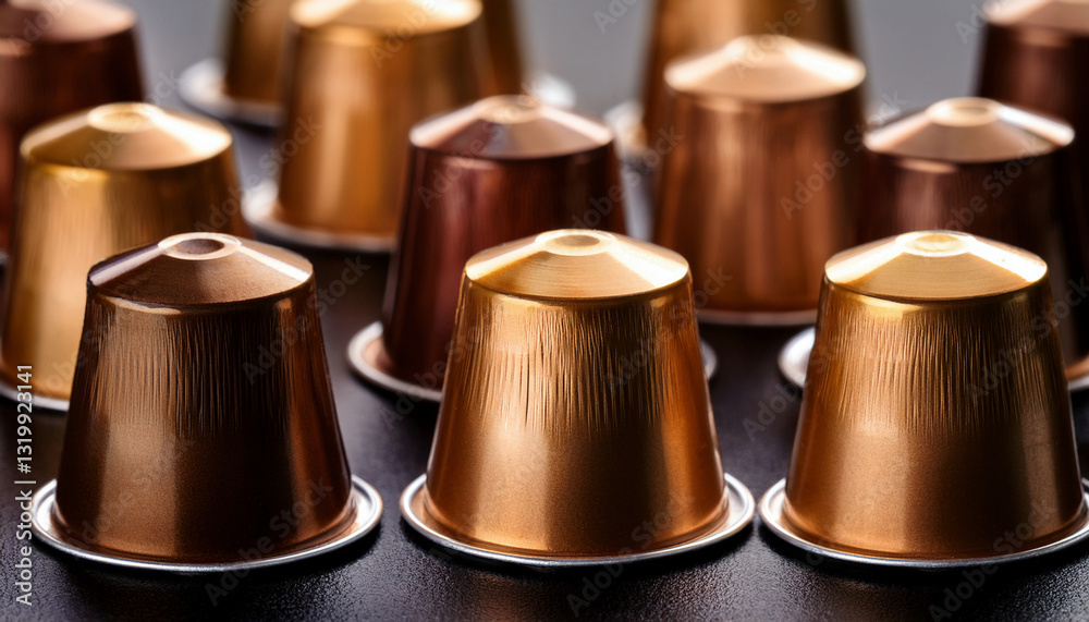 A collection of metallic coffee pods in shades of gold, bronze, and silver is elegantly arranged on a dark reflective surface. A collection of metallic coffee pods in shades of gold, bronze, and silver is elegantly arranged on a dark reflective surface.