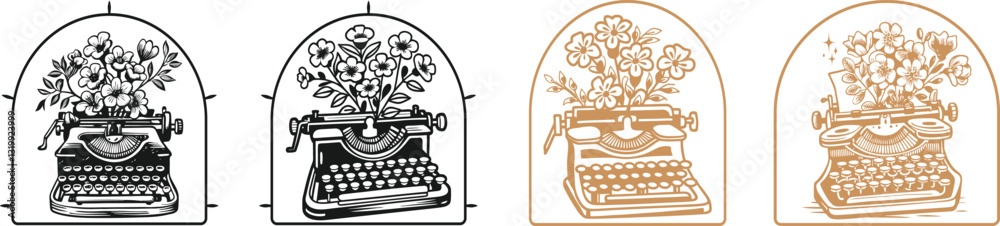 set of  Beautiful flowers growing from a retro typewriter vector, engraving sketch ink poster black illustration etching style tattoo, color blobs logo Typewriter, Flower, Flowers, Bouquet, Retro