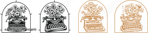 set of  Beautiful flowers growing from a retro typewriter vector, engraving sketch ink poster black illustration etching style tattoo, color blobs logo Typewriter, Flower, Flowers, Bouquet, Retro
