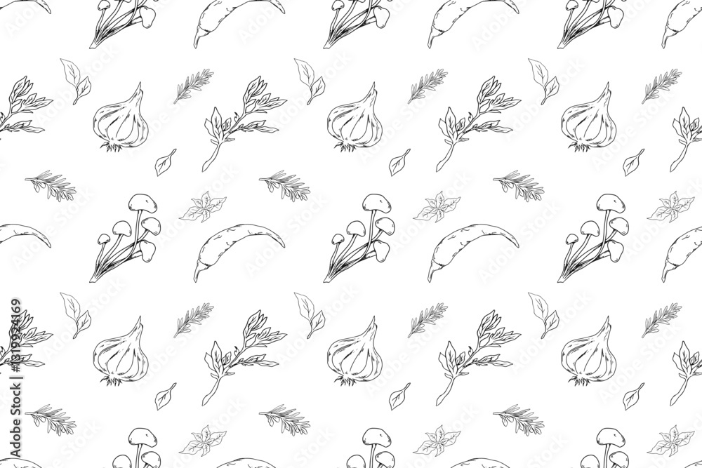 Obraz premium Seamless pattern with Asian cuisine ingredients: mushrooms (enoki, shimeji, porcini), chili peppers, garlic, basil, rosemary, and leaves. Hand drawn illustration for packaging, textiles, backgrounds.