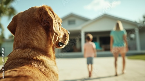 A golden retriever gazes affectionately at children playing in the yard, illustrating the bond between pets and family, evoking feelings of joy and companionship. photo