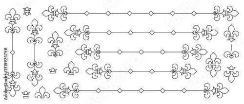 Elements of thin frame with heraldic lilies drawn with thin black outline. Vector illustration of stylish dividers for headings, paragraphs, essays, presentations on literature, history of royal.