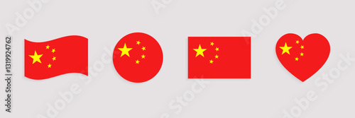 China flag vector set. Chinese official symbols collection. Web, national, travel, patriotic design elements. Geometric shapes. rectangle, round, love heart and waved flagstaff isolated icons.