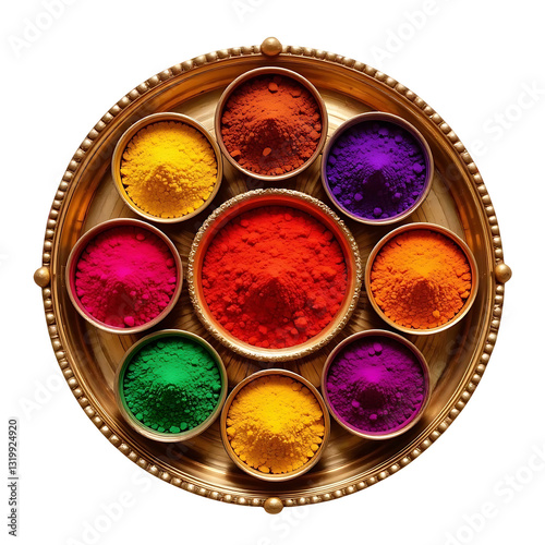 Traditional indian thali with vibrant holi color powders, festival celebration, organic gulal in golden plate, cultural heritage