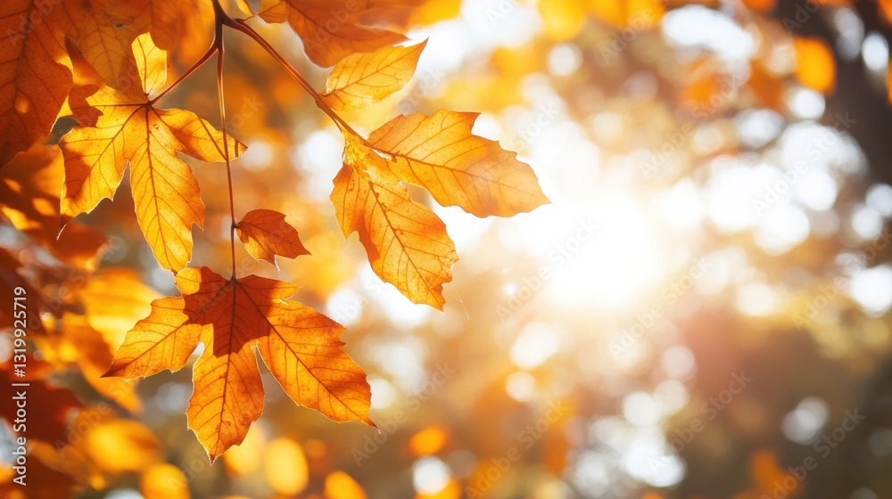 Vibrant orange leaves in a tranquil park during autumn season showcasing the beauty of fall foliage and warm sunlight filtering through branches