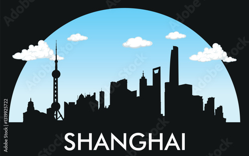 Photography Silhouette of the city of Shanghai against the background of a bright sky with clouds