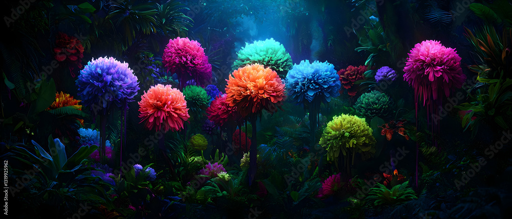 A 3D Render of Vibrant Bioluminescent Flowers in a Dark Enchanted Forest Illuminated by Glowing Particles and a Soft otherworldly Light Creating a A 3D Render of Vibrant Bioluminescent Flowers in a Dark Enchanted Forest Illuminated by Glowing Particles and a Soft otherworldly Light Creating a