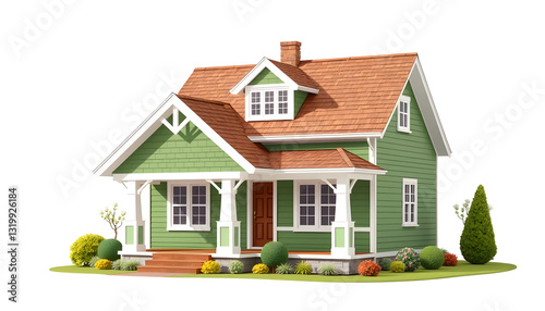 Small cute craftsman American house wth green and white , with white tonespng