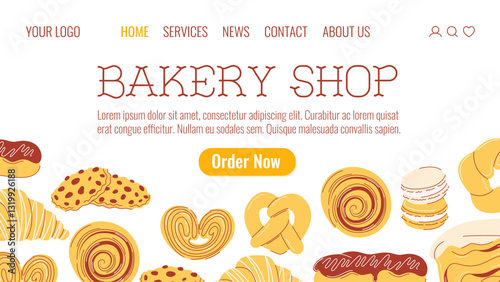 Bakery shop, desserts and pastries. Macaron, pretzel, palmier and oatmeal cookies, croissant, cinnamon roll, bread, eclair, bagel. Vector flat illustration for poster, banner, website, landing page