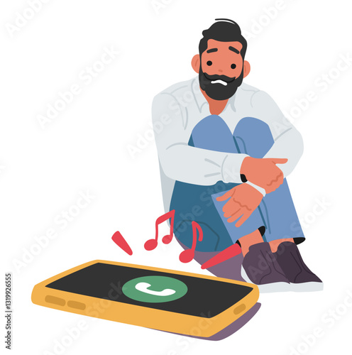 Scared man cartoon character in panic looking at smartphone with ringing call feeling fear to answer