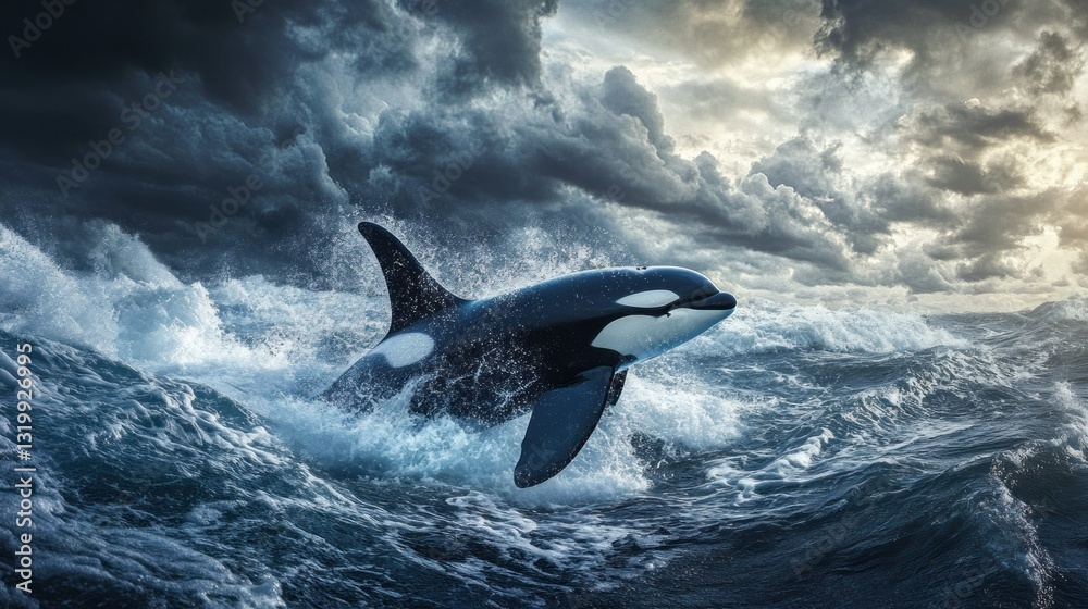Fototapeta premium Orca Leaps Through Stormy Seas